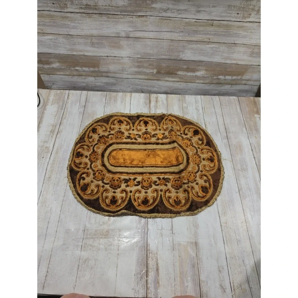 Vintage Brown Gold Velvet Baroque Scroll Table Runner Lace Trim 18.5x12.5 READ